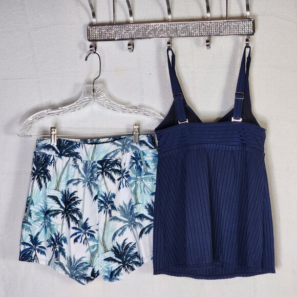 Rotita Navy Peacock Tropical Trees Print Surplice Poly Elastane Tankini Set Sz S - Picture 9 of 16